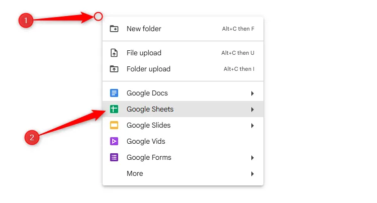 Mở menu chuột phải trong Google Drive và chọn 'Google Trang tính' để tạo bảng tính mới.