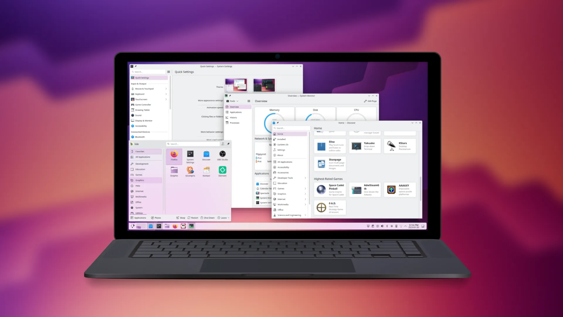 Môi trường desktop KDE Plasma với hình nền màu tím vàng