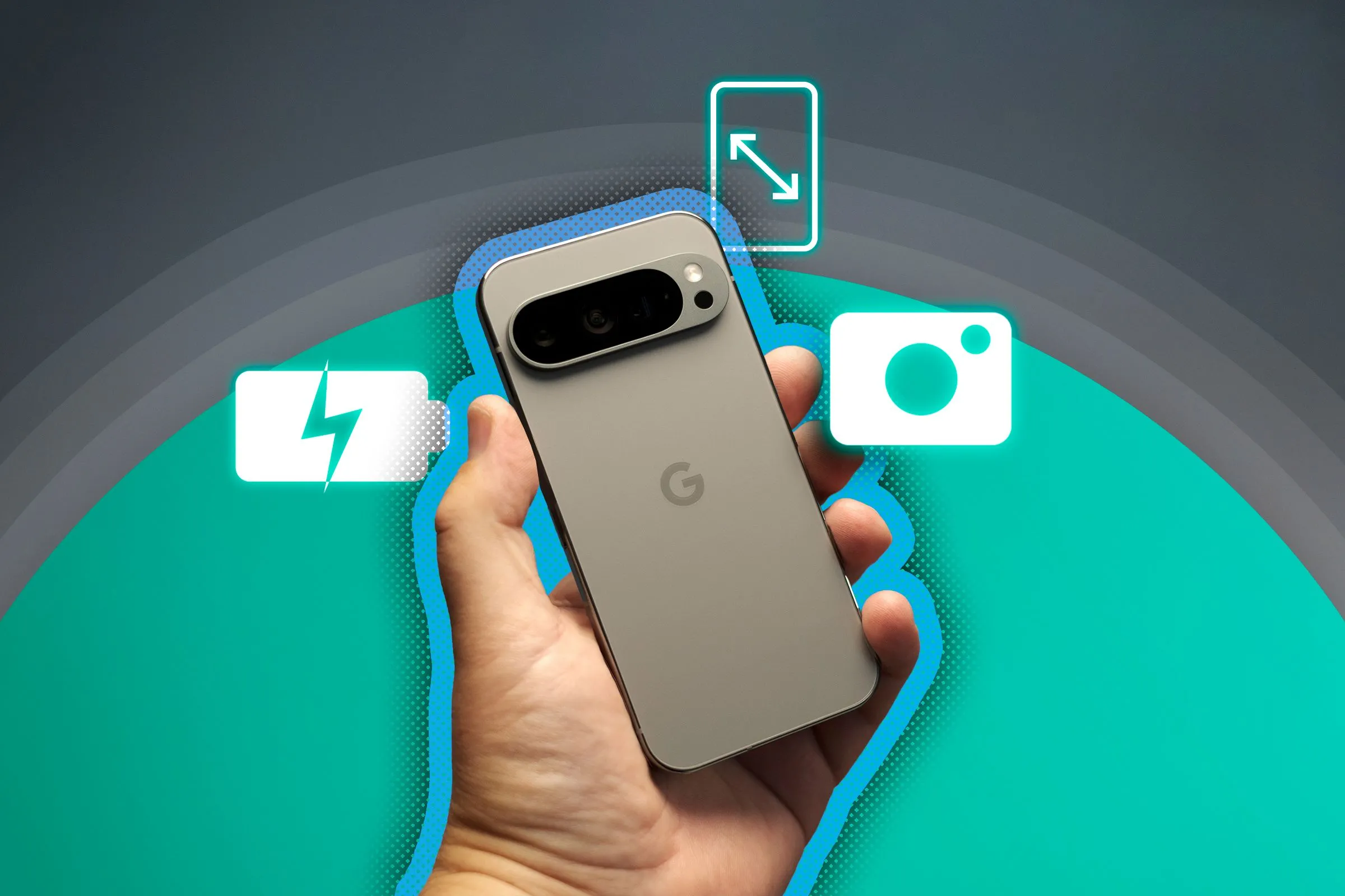 Một bàn tay đang cầm chiếc Google Pixel 9 Pro, nhấn mạnh về kích thước nhỏ gọn nhưng vẫn có các tính năng cao cấp như pin, camera và màn hình.