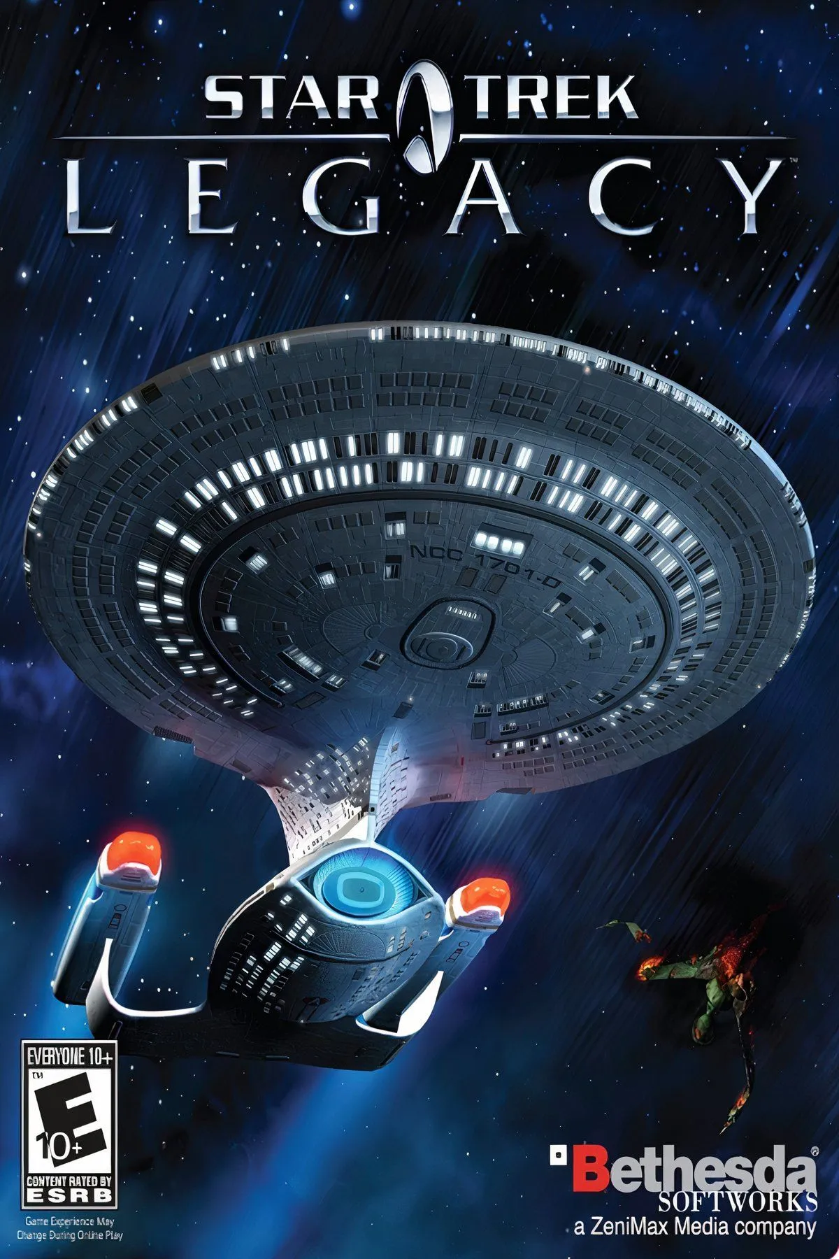 Một cảnh chiến đấu giữa các tàu vũ trụ Federation và Romulan trong game Star Trek Legacy.