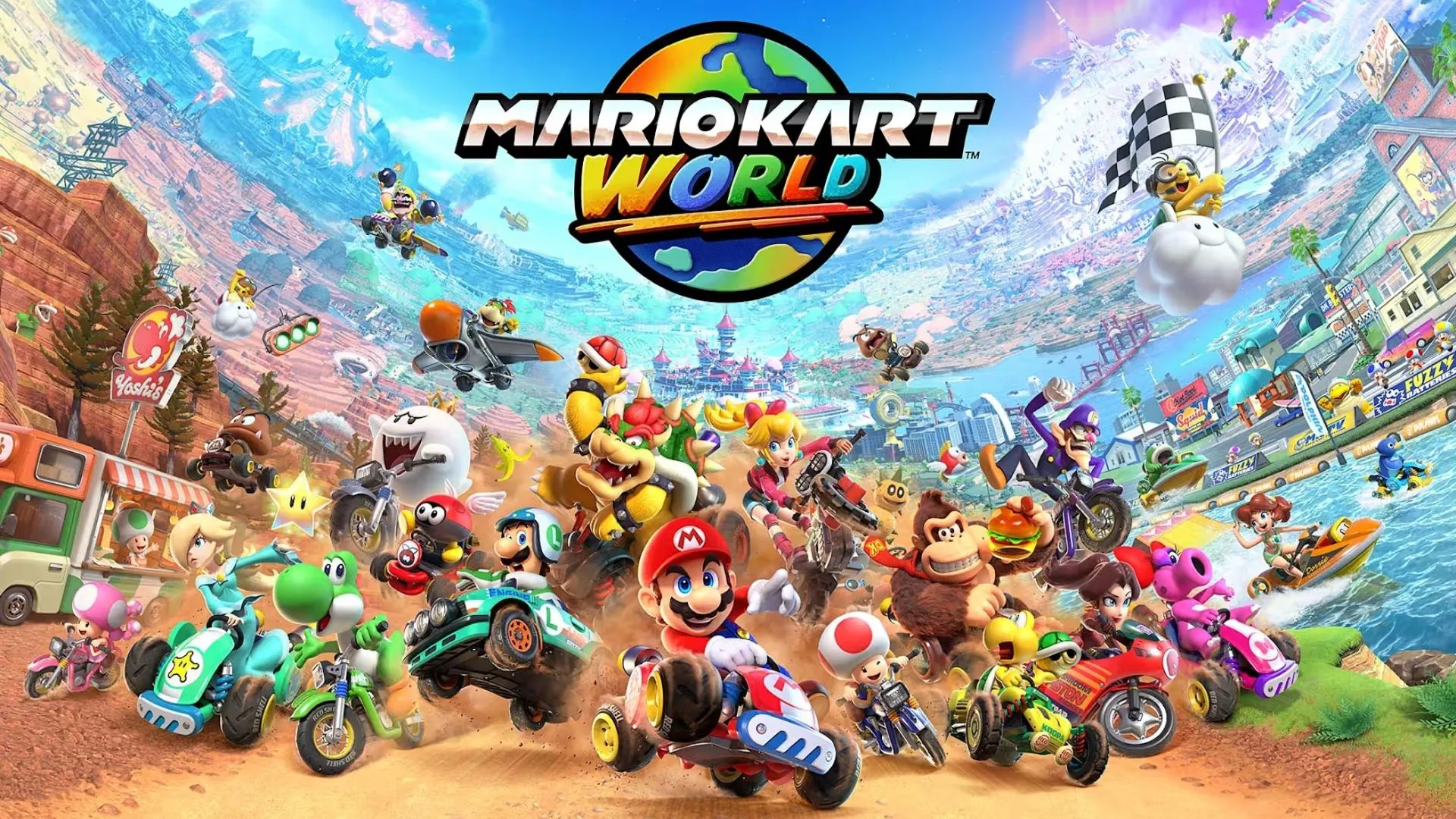 Một cảnh đua xe đầy màu sắc trong game Mario Kart World, với các nhân vật quen thuộc của Nintendo tham gia cuộc đua.