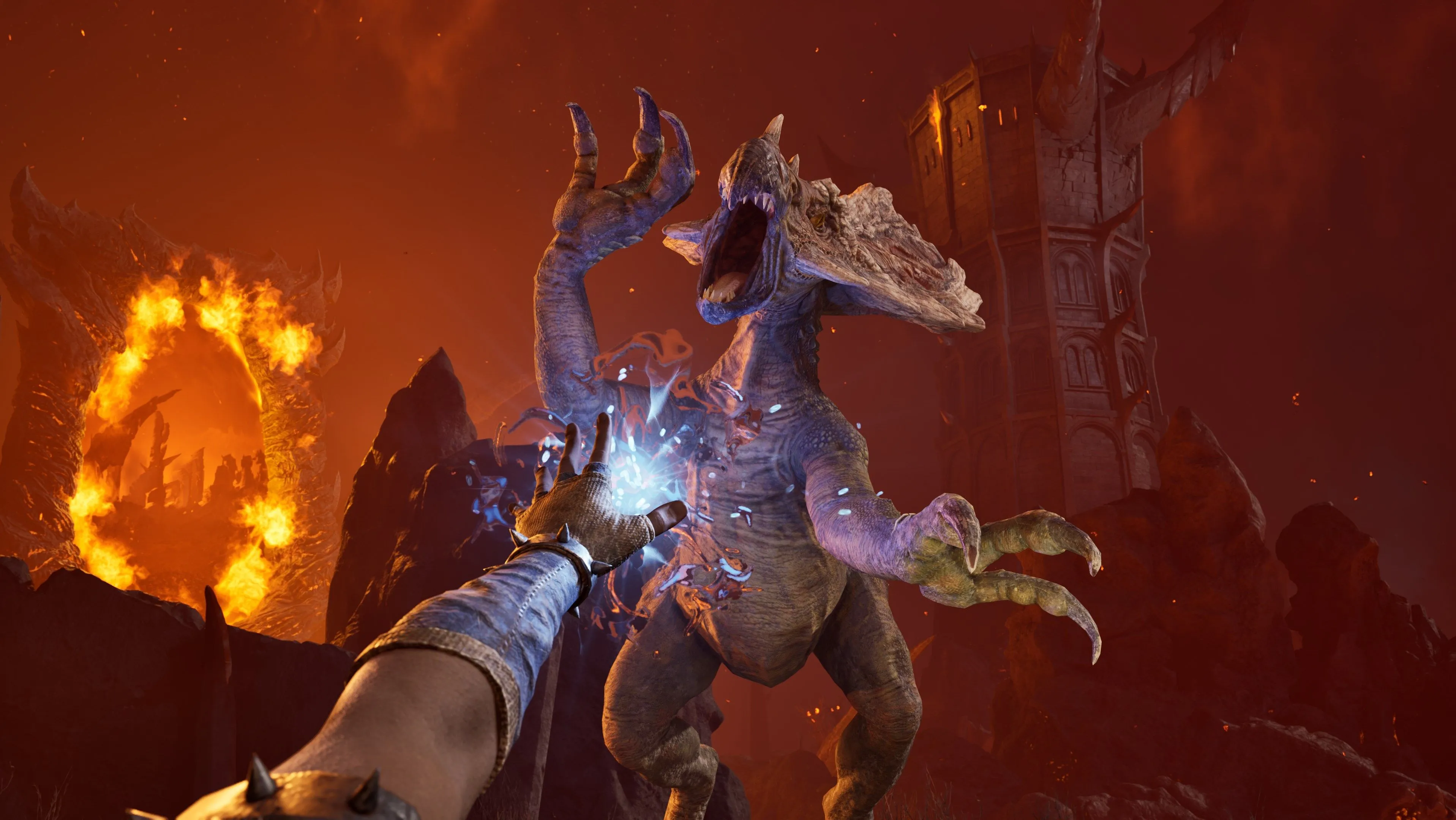 Một cảnh hang động tối tăm với các hiệu ứng ánh sáng trong The Elder Scrolls IV: Oblivion Remastered.