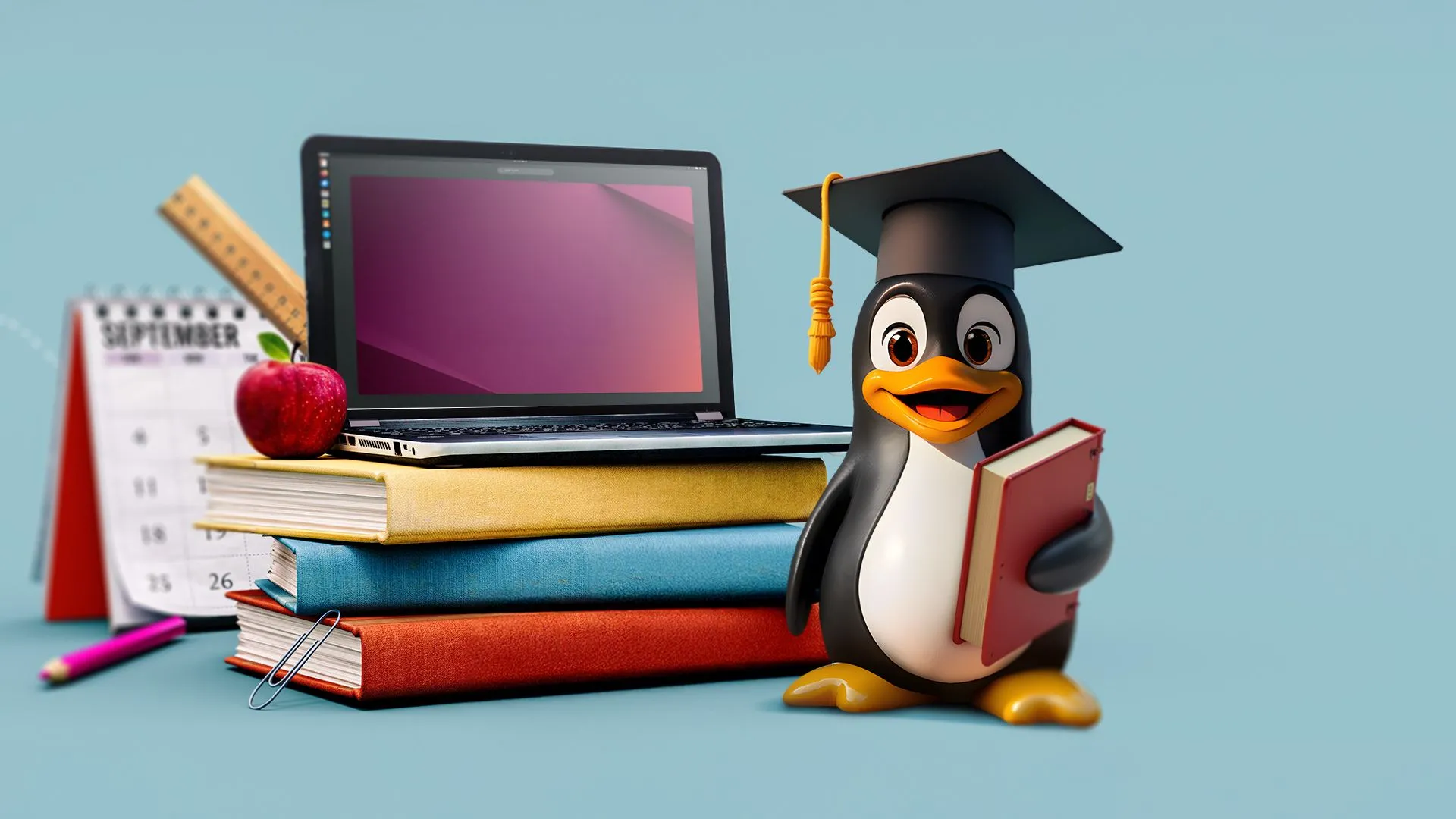 Một chiếc laptop đặt trên chồng sách giáo khoa, bên cạnh là linh vật Linux đội mũ tốt nghiệp, biểu trưng cho việc học và kiến thức
