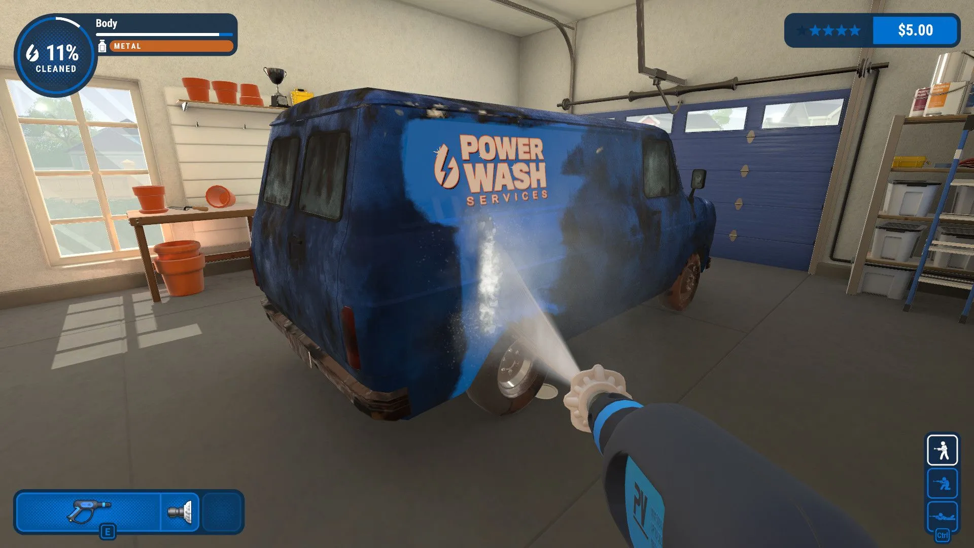 Một chiếc xe tải đang được làm sạch bằng máy rửa áp lực trong game Powerwash Simulator VR