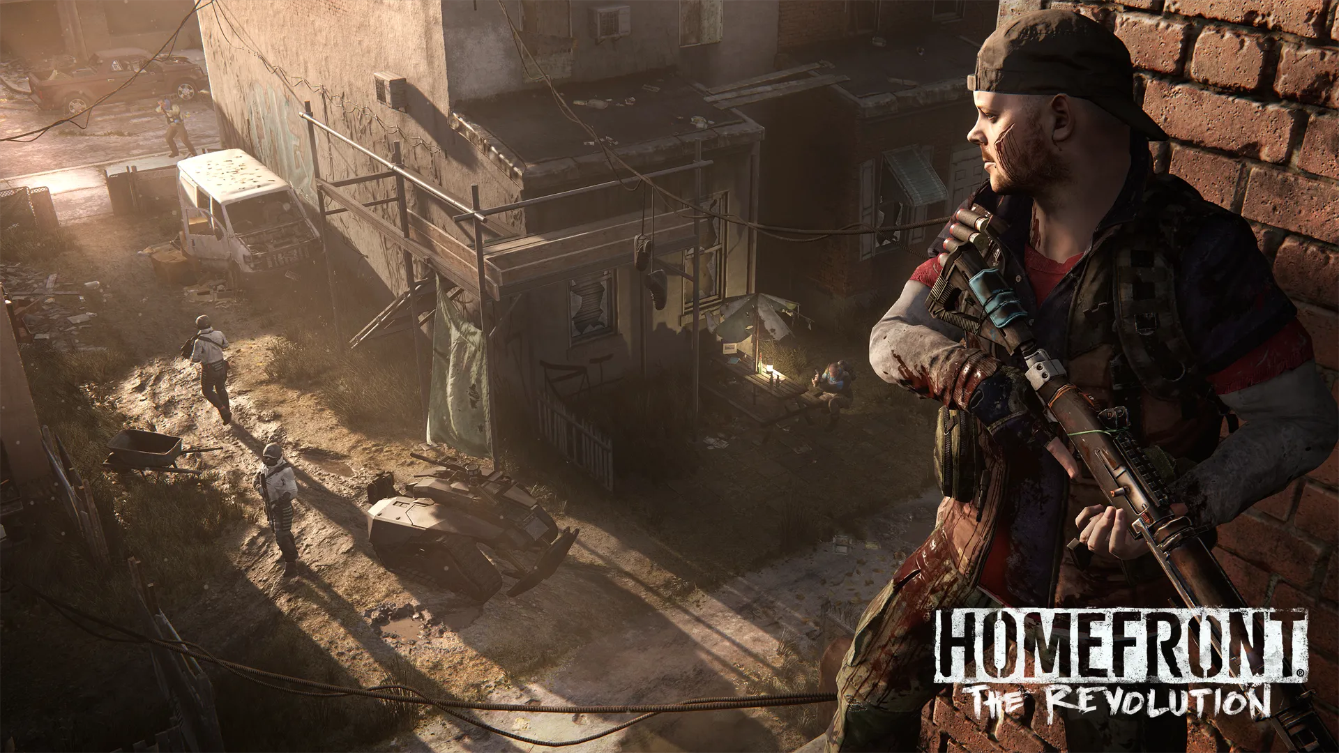 Một chiến binh nổi dậy trong Homefront: The Revolution, game ẩn TimeSplitters 2 có thể tìm thấy trong arcade của trò chơi.