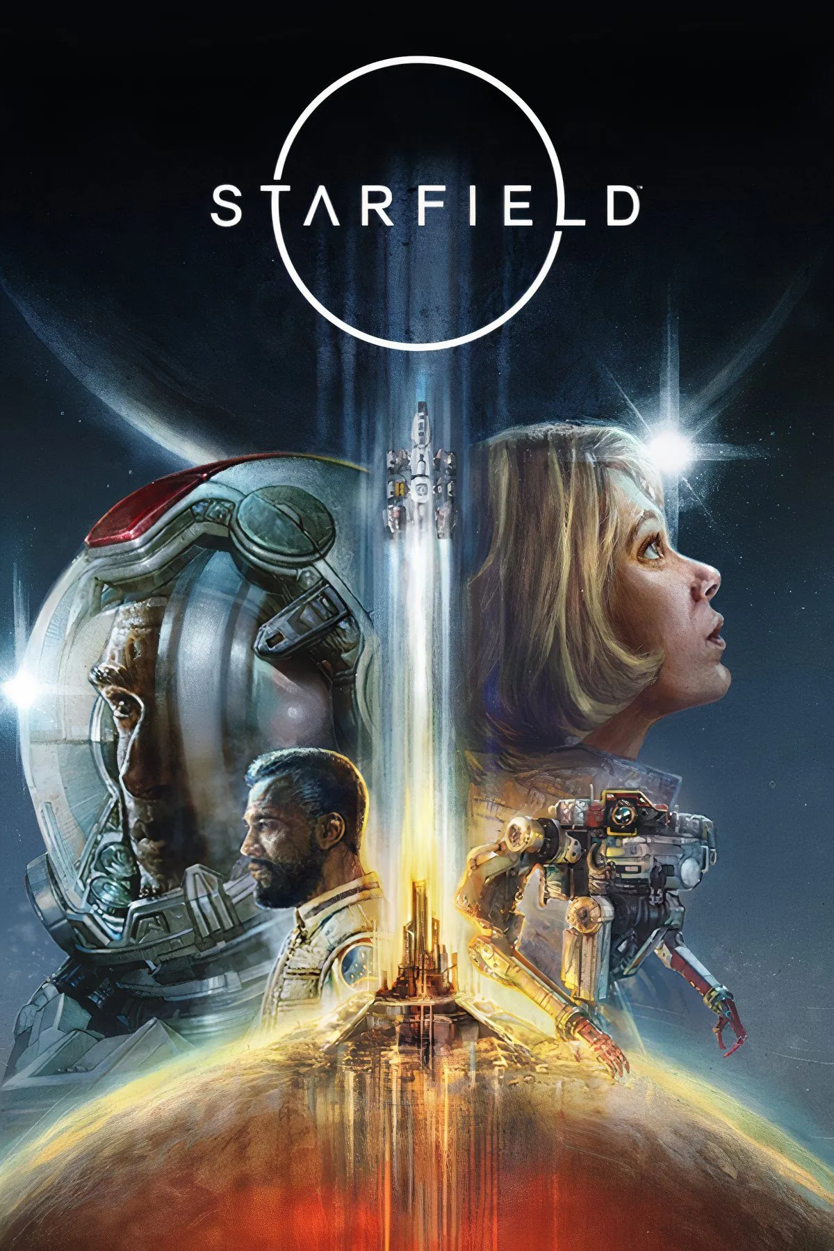 Một collage ảnh của game Starfield, tập hợp các cảnh quay khác nhau từ trò chơi.