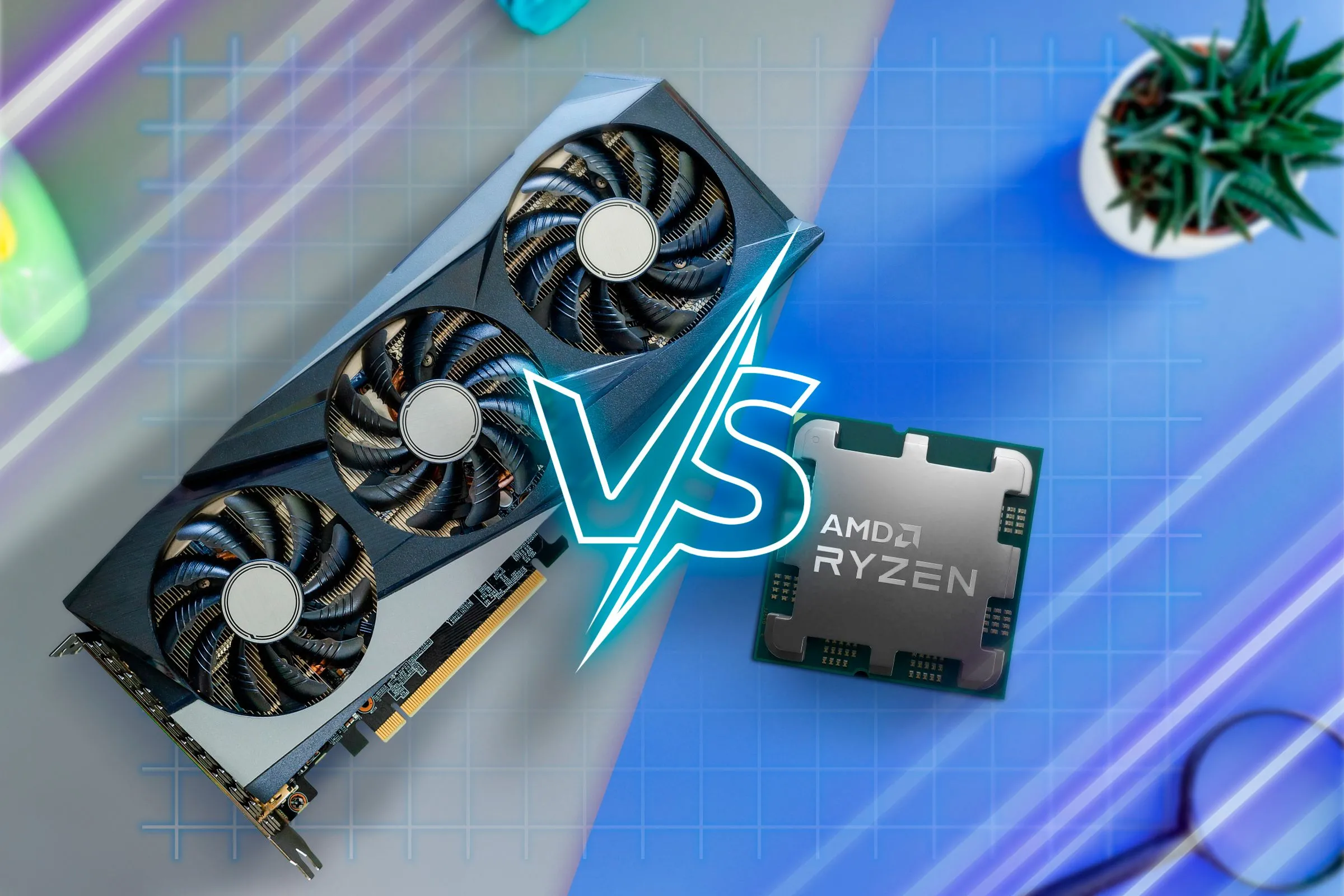 Một CPU và một GPU đặt trên bàn, minh họa sự đối lập và vai trò của chúng trong quá trình transcoding của Plex server.