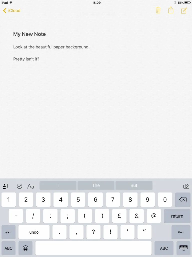 Một ghi chú với nền giấy thực tế trong ứng dụng Ghi chú trên iPad 2