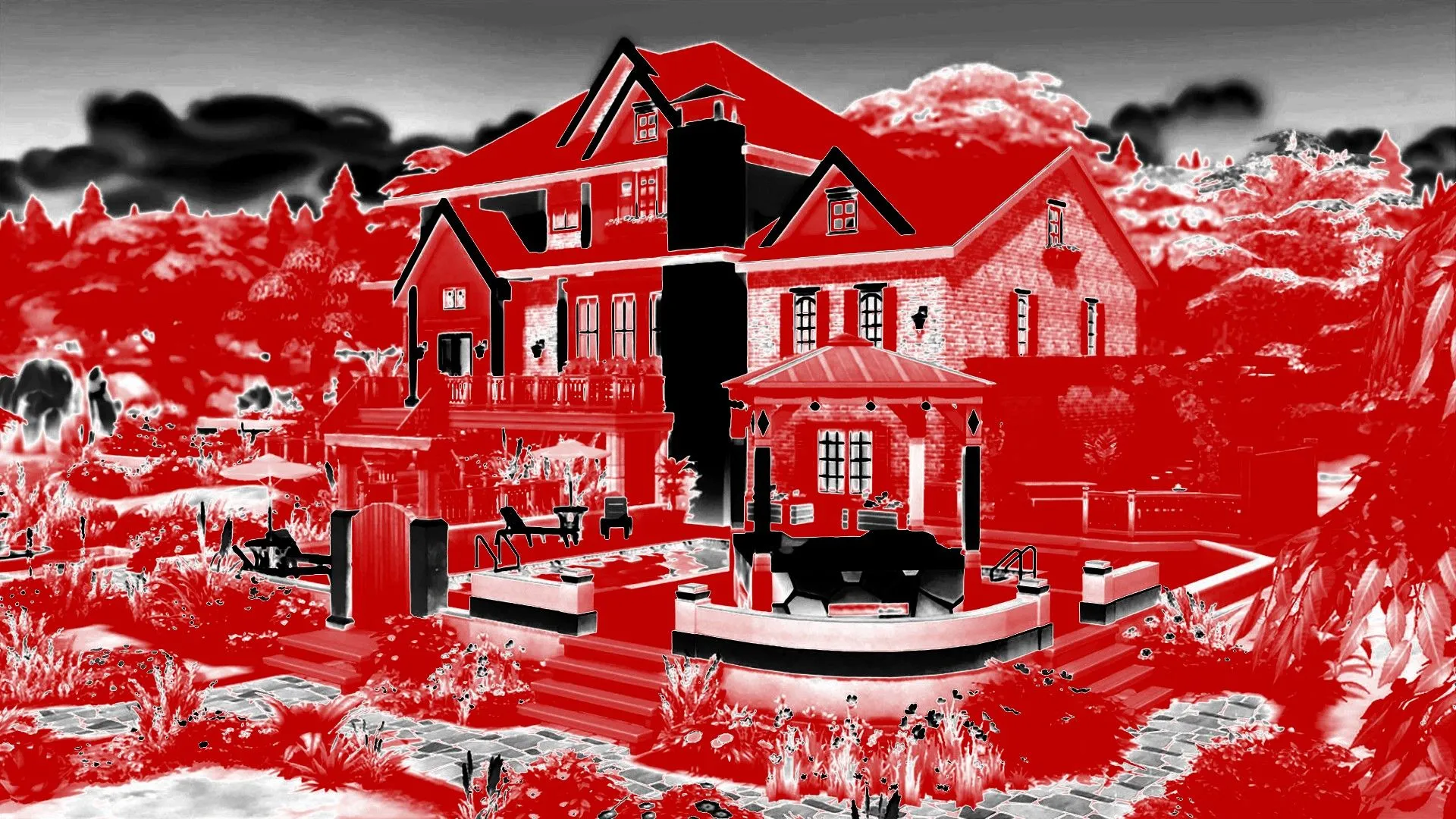 Một mảnh đất rộng lớn được tô màu đỏ, trắng và đen, tạo không khí u ám trong The Sims 4, mô tả Thử Thách Apocalypse