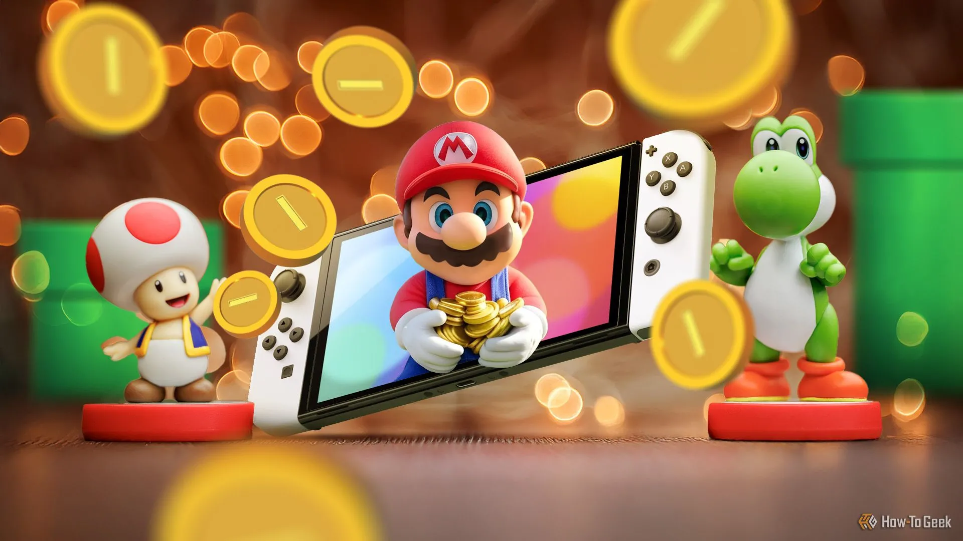 Một máy Nintendo Switch hiển thị game Super Mario với Mario đang giữ đồng xu, cùng Toad và Yoshi bên cạnh và nhiều đồng xu khác.