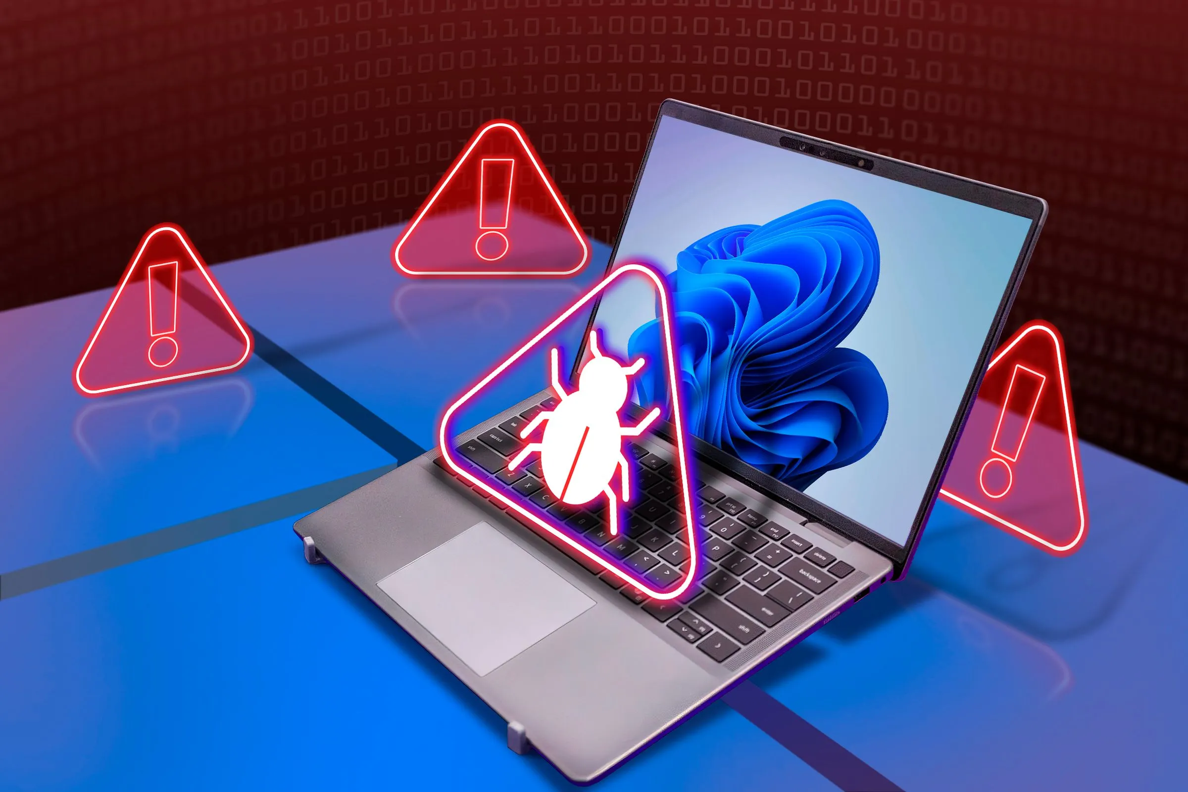 Một máy tính xách tay chạy Windows 11 với biểu tượng phần mềm độc hại (malware) và các dấu hiệu cảnh báo xung quanh, minh họa nguy cơ bị theo dõi dữ liệu.