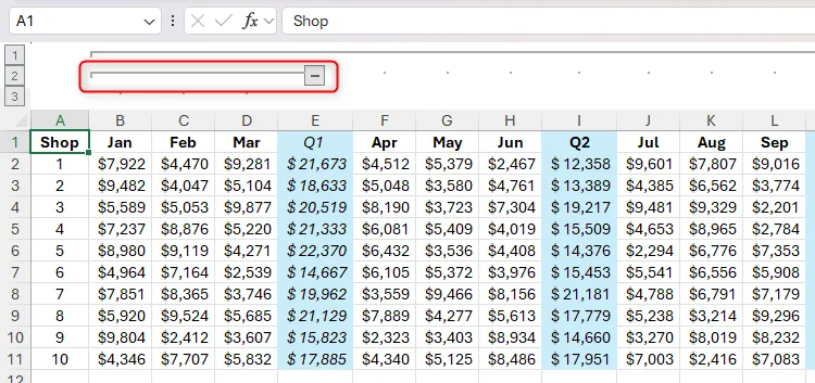 Một nhóm con cột trong Excel đã được tạo, hiển thị đường kẻ và biểu tượng dấu trừ riêng.