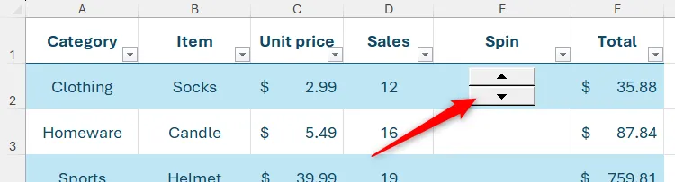Một nút xoay được chèn vào ô trong bảng Excel.