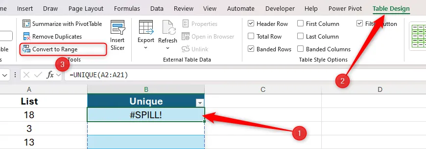 Một ô trong bảng Excel được chọn, và tùy chọn Convert To Range trong tab Table Design được tô sáng.