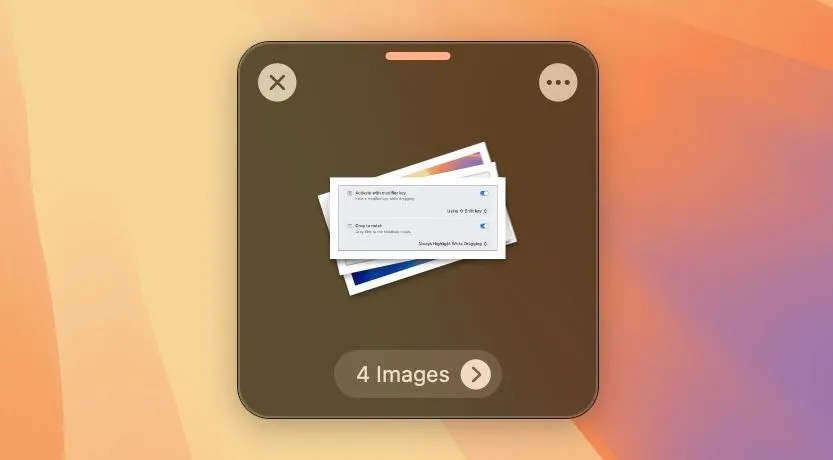 Một 'shelf' Dropover trên màn hình macOS chứa nhiều tập tin đã được kéo vào.