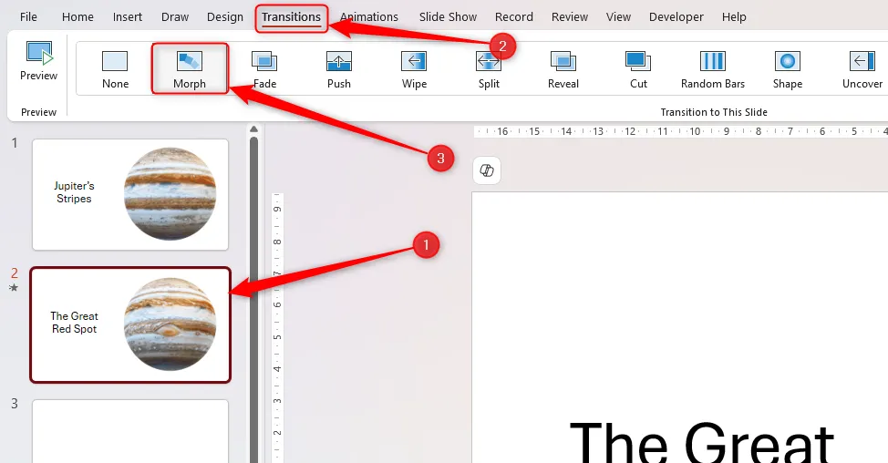 Một slide được chọn trong khung hình thu nhỏ của PowerPoint, và nút Morph trong tab Transitions được chọn.
