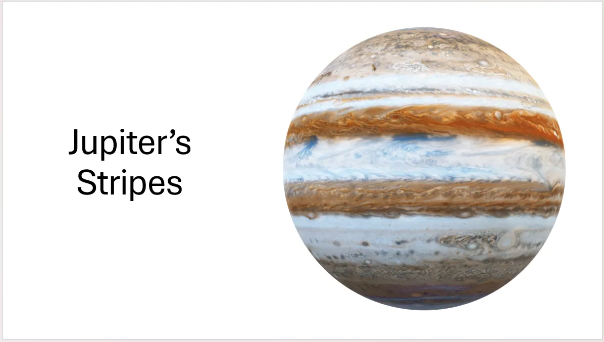 Một slide PowerPoint chứa mô hình Sao Mộc và tiêu đề &quot;Jupiter's Stripes&quot;.