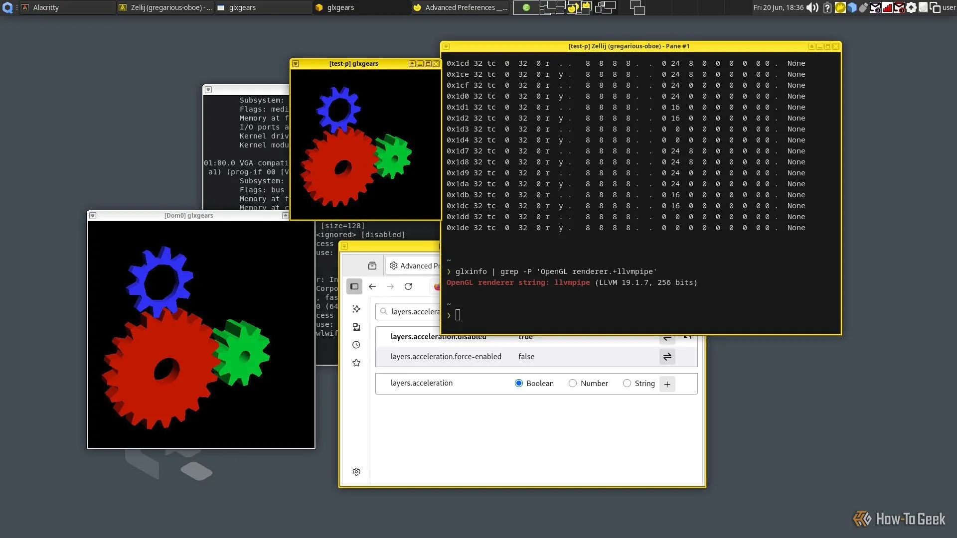 Một số cửa sổ liên quan đến đồ họa mở trên desktop Qubes, hiển thị glxgears và thông tin đồ họa.