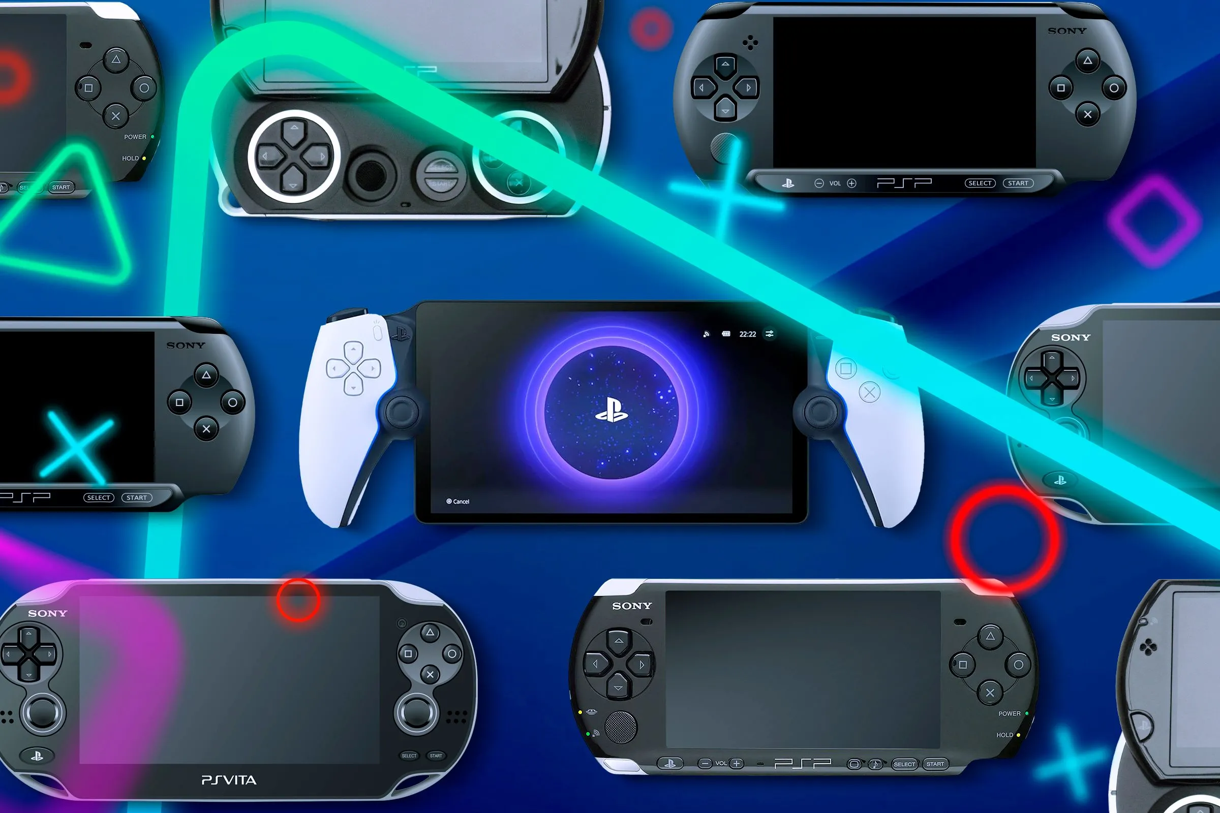 Một số máy chơi game cầm tay của Sony đặt cạnh nhau, gợi nhớ lịch sử phát triển handheld của hãng.