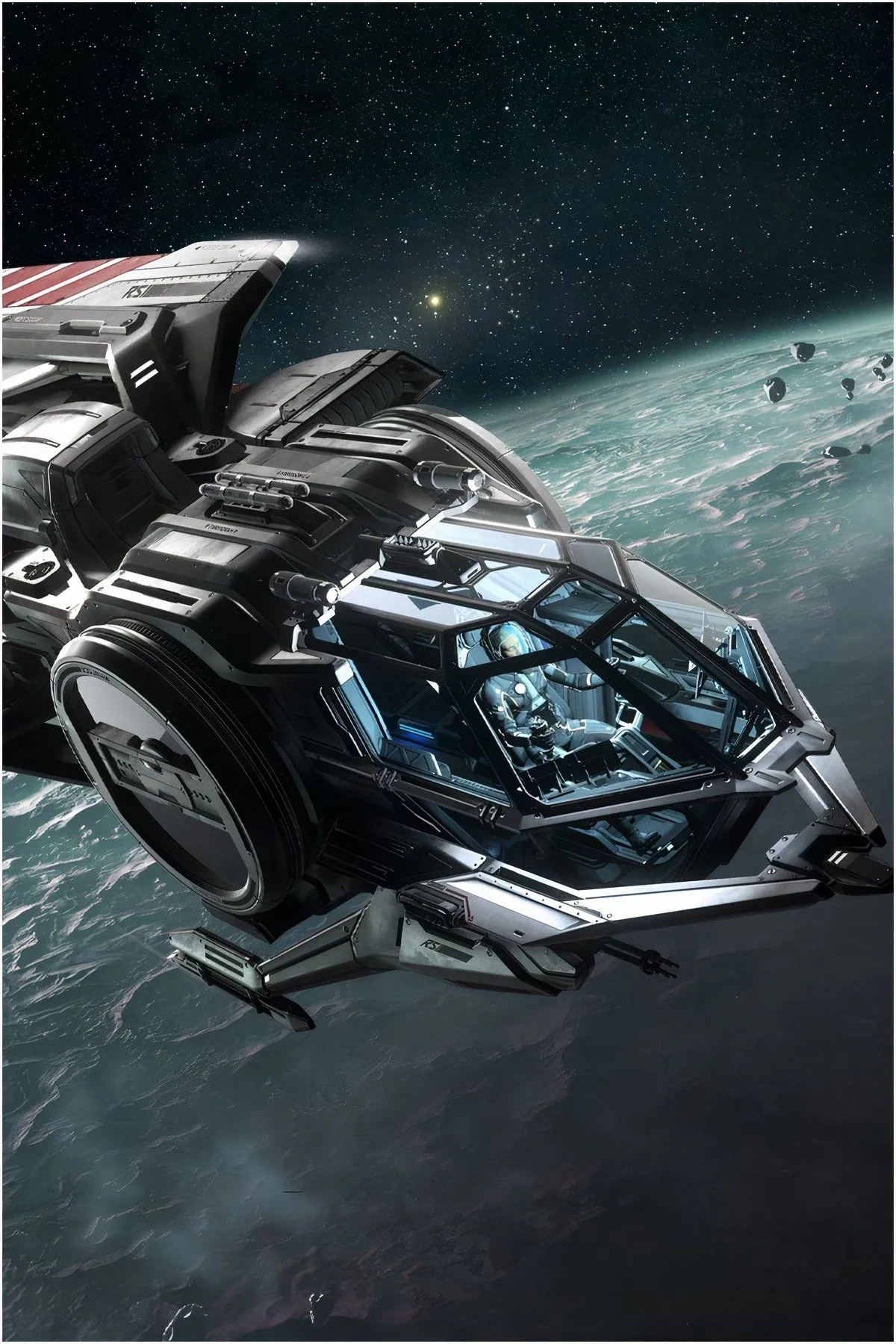 Một tàu vũ trụ khổng lồ đang bay trong không gian, cảnh quan tuyệt đẹp trong game Star Citizen