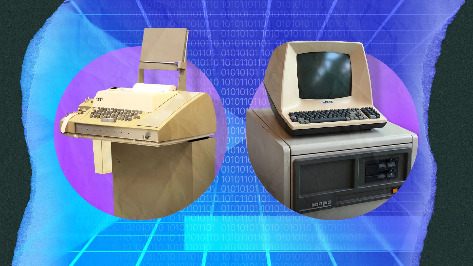 Một thiết bị đầu cuối teletype đặt cạnh một thiết bị đầu cuối Televideo trong bối cảnh retro