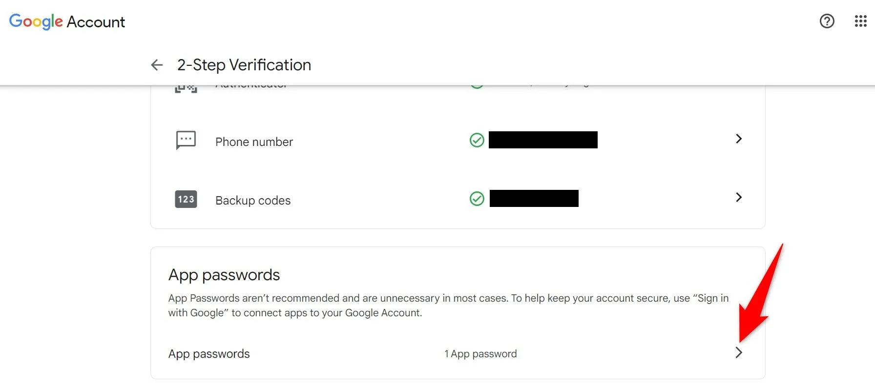 Mũi tên bên phải cạnh mục Mật khẩu ứng dụng trong cài đặt Google