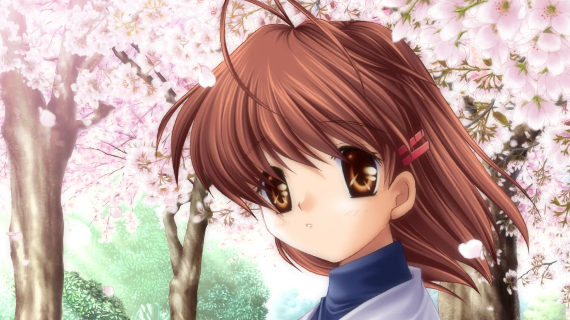 Nagisa Furukawa nhìn về phía người chơi dưới hàng cây hoa anh đào rực rỡ trong game CLANNAD, khung cảnh lãng mạn nhưng chất chứa nhiều cảm xúc.