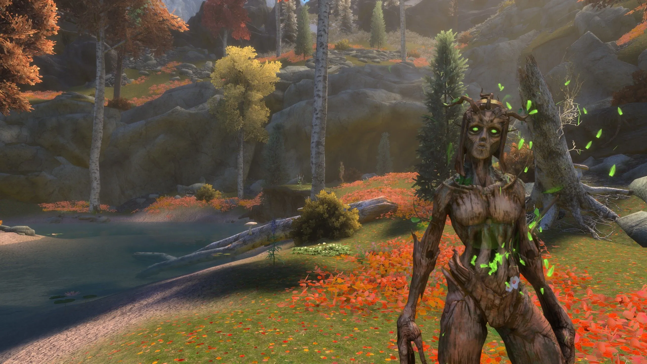 Nàng tiên rừng dryad đứng bên sông giữa cánh đồng hoa rực rỡ trong game mod Skyblivion, thể hiện thế giới mở rộng của mod game