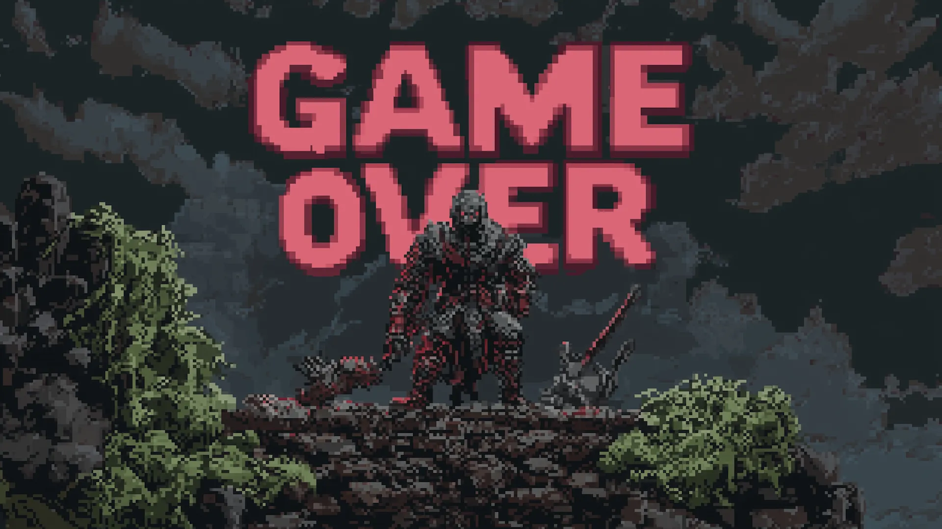 Nghệ thuật pixel mô tả một chiến binh giả tưởng đã chết, thể hiện hậu quả cuối cùng trong một thế giới game RPG.