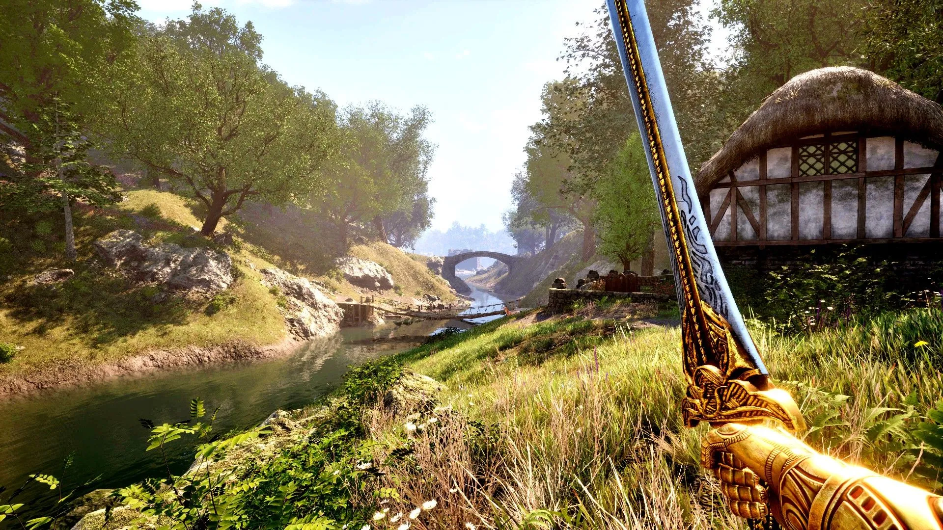 Người chơi cầm kiếm đứng cạnh con sông trong The Elder Scrolls IV: Oblivion Remastered, cảnh tượng báo hiệu một tương lai đầy hứa hẹn cho game remaster.