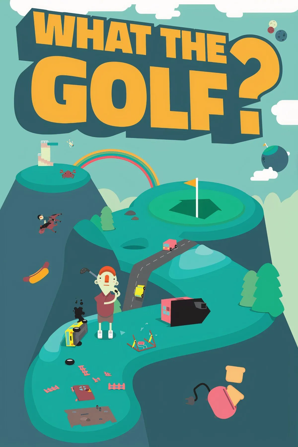 Người chơi điều khiển một quả bóng golf nhưng thay vì gậy, lại là một chiếc ô tô hoặc nhiều vật thể khác trong game demo What the Golf trên Nintendo Switch.