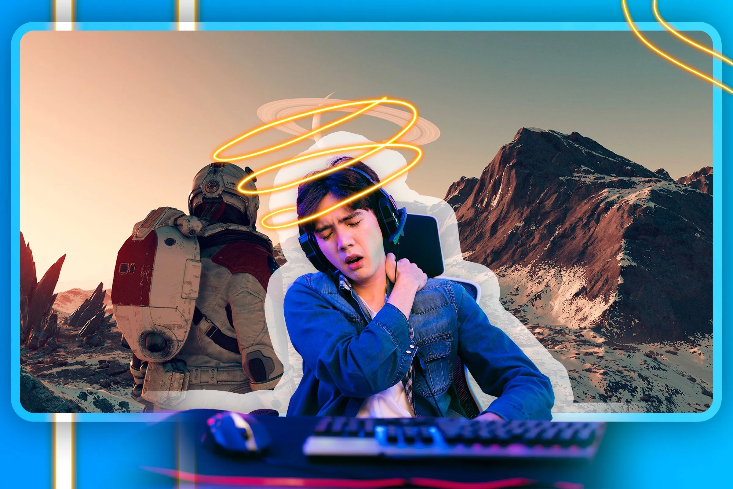 Người chơi game với vẻ mặt mệt mỏi và màn hình Starfield phía sau, gợi cảm giác kiệt sức khi chơi game như một công việc.