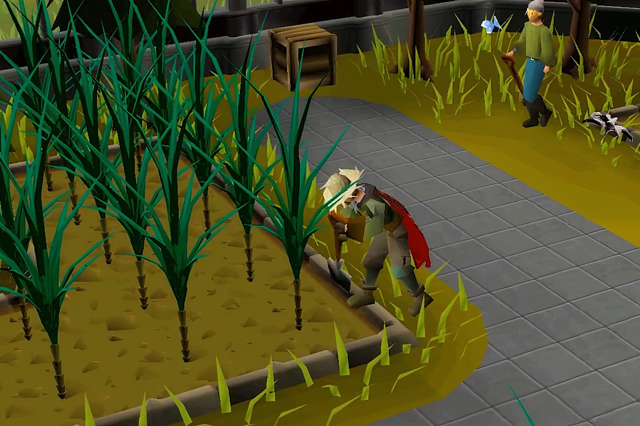 Người chơi RuneScape đang làm nông trong bãi cỏ dài, minh họa game browser có đồ họa chi tiết.