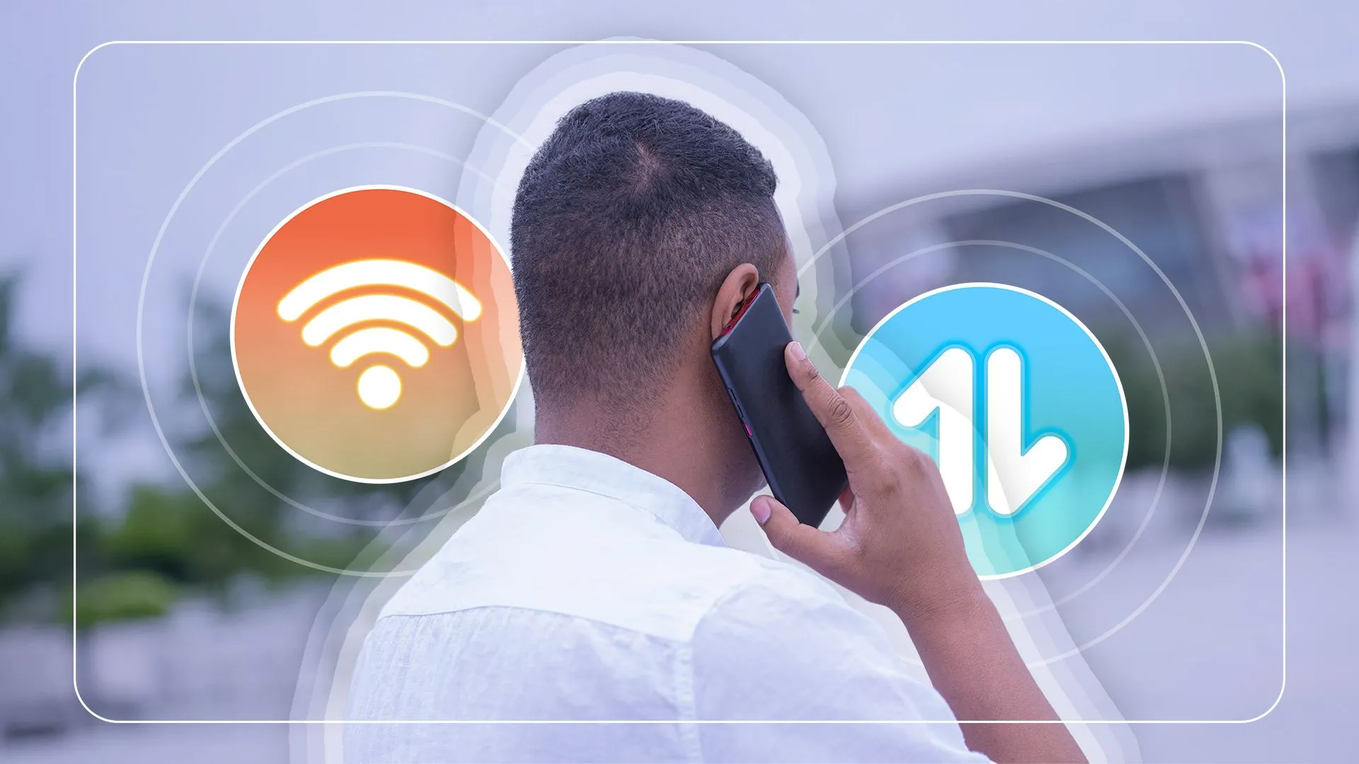 Người đàn ông gọi điện thoại, biểu tượng Wi-Fi và dữ liệu di động, minh họa sự lựa chọn linh hoạt về kết nối mạng.
