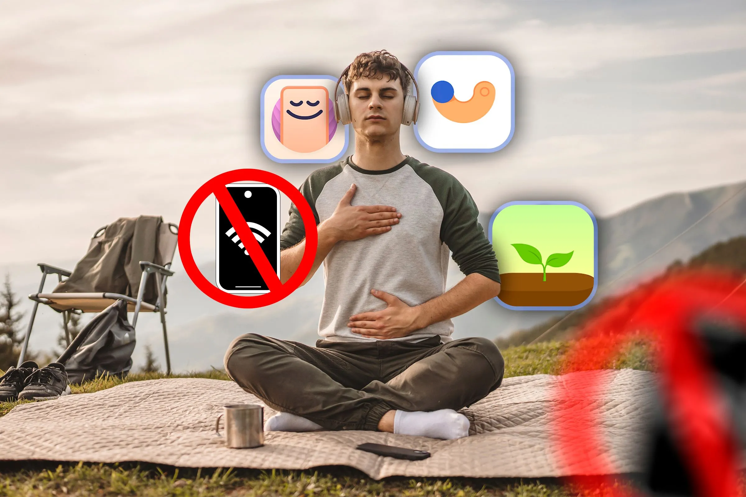 Người đang thiền trên núi, xung quanh là biểu tượng ứng dụng và dấu hiệu cấm điện thoại, minh họa cho việc cai nghiện kỹ thuật số
