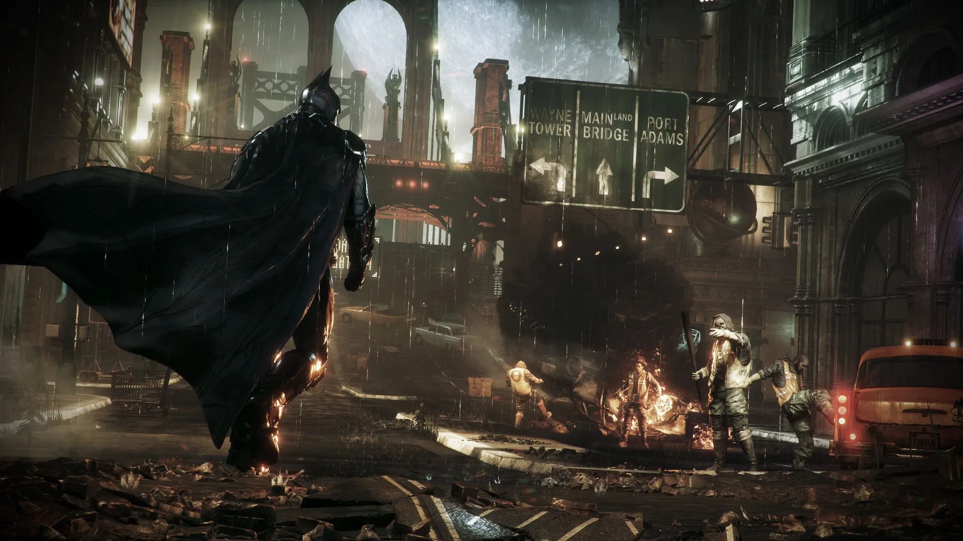 Người Dơi đối mặt kẻ thù dưới mưa trong Batman Arkham Knight, tựa game hỗ trợ PhysX 64-bit hoạt động tốt trên card NVIDIA mới.