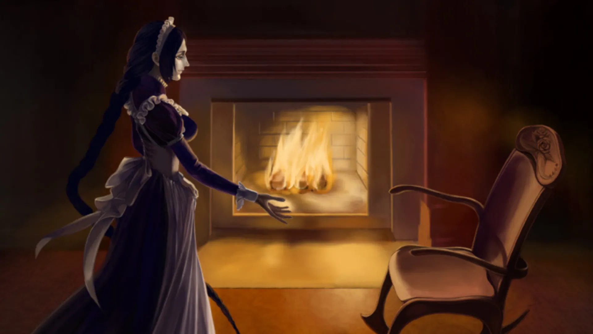 Người hầu gái trong game The House in Fata Morgana vươn tay về phía chiếc ghế bập bênh trống rỗng, gợi cảm giác cô đơn và bí ẩn.