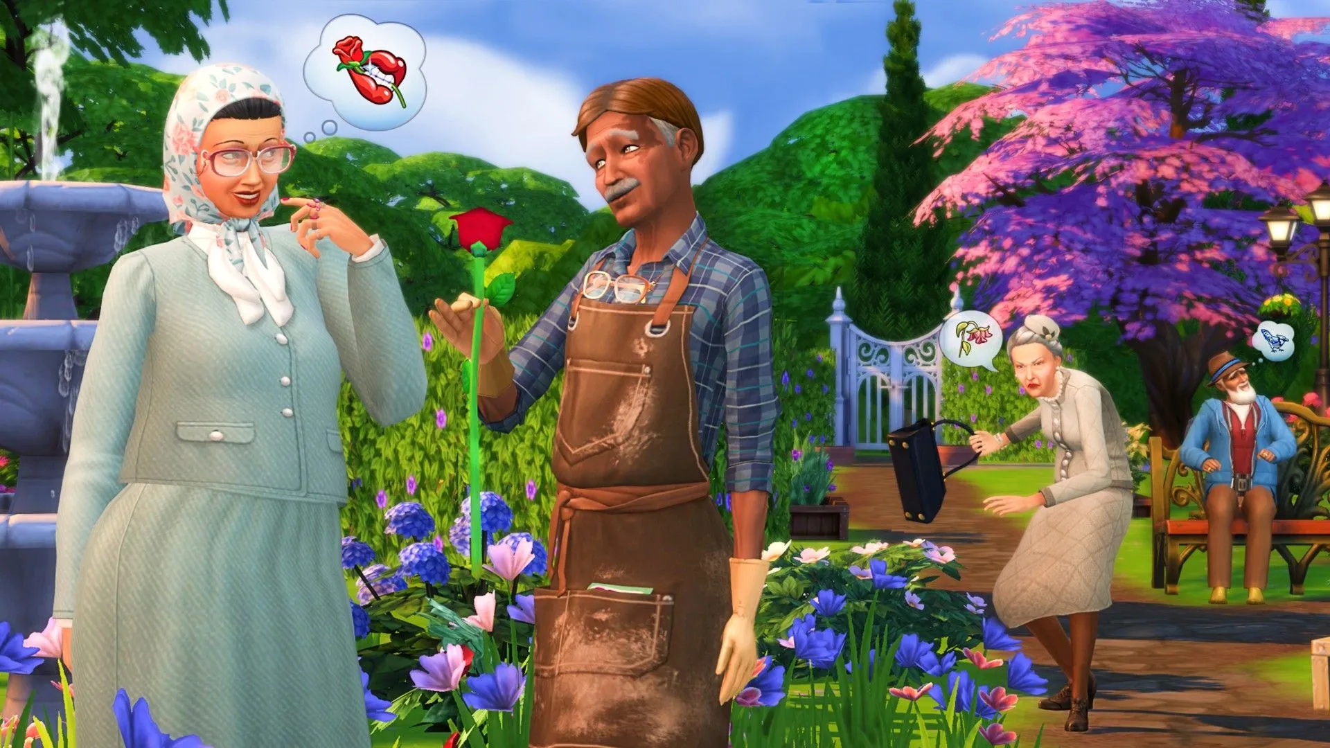 Người làm vườn tặng hoa cho phụ nữ lớn tuổi, người phụ nữ khác ghen tức phía sau trong The Sims 4, gợi hình ảnh liên quan đến cây cối trong Plant Sim Challenge