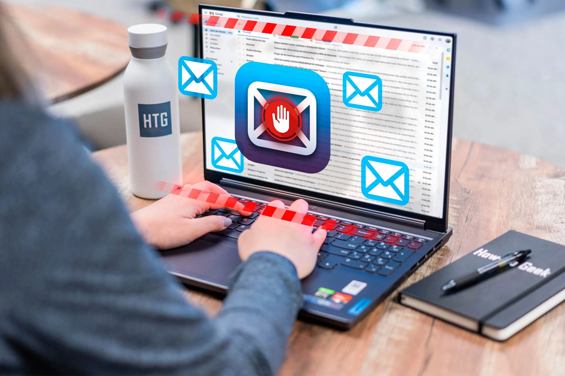 Người phụ nữ đang sử dụng laptop với các biểu tượng email cá nhân hiện lên, cảnh báo về rủi ro quyền riêng tư khi dùng email cá nhân trên thiết bị công ty.