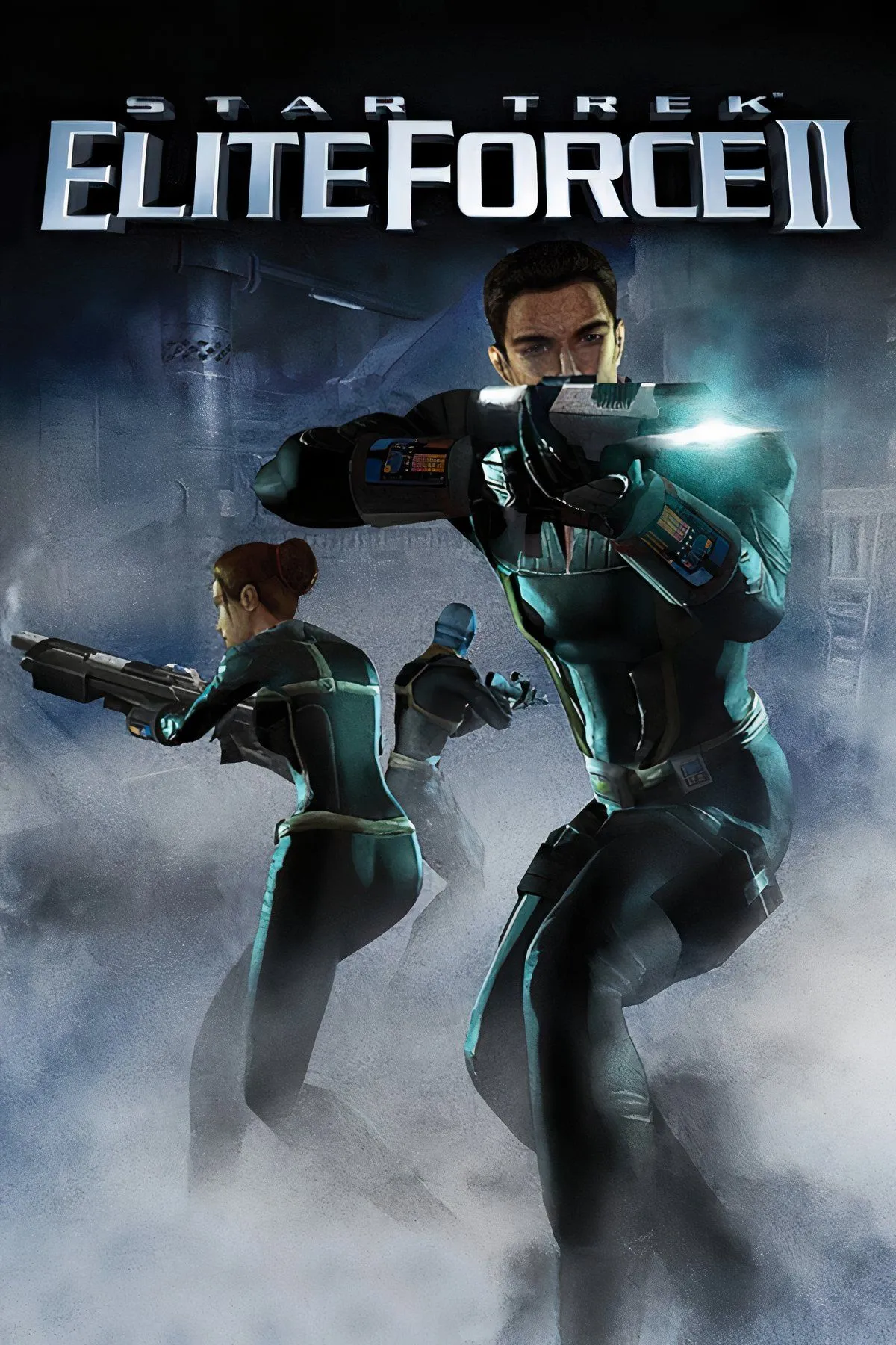 Nhân vật chính bắn phaser trong hành lang tàu Enterprise-E, đại diện game bắn súng Star Trek Elite Force II.