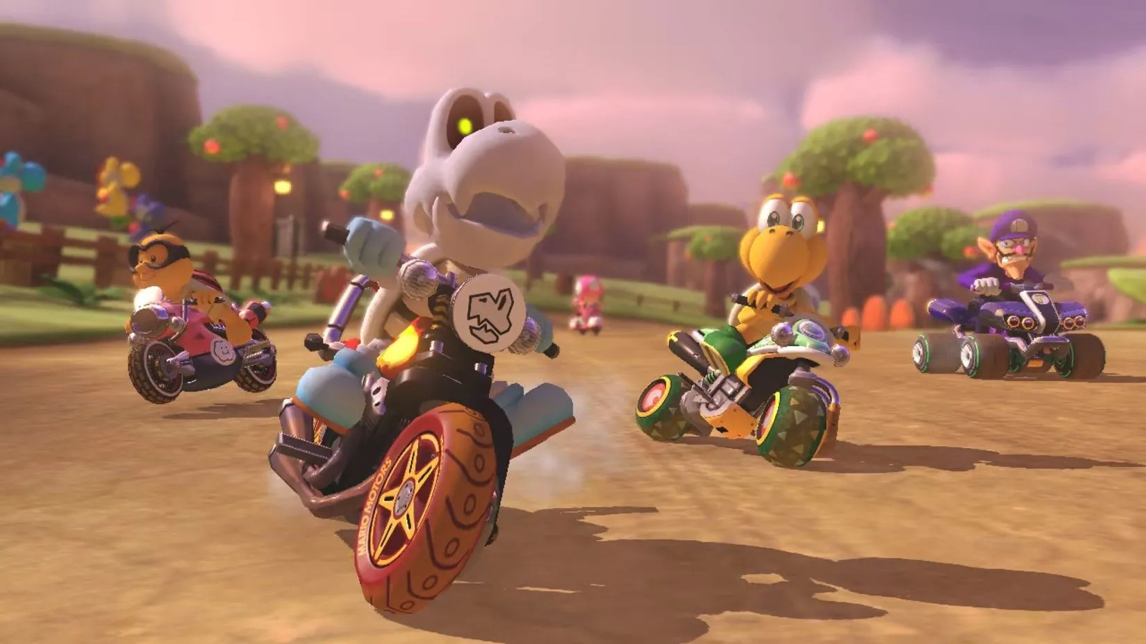 Nhân vật Dry Bones và các nhân vật khác trong game đua xe Mario Kart 8 Deluxe.
