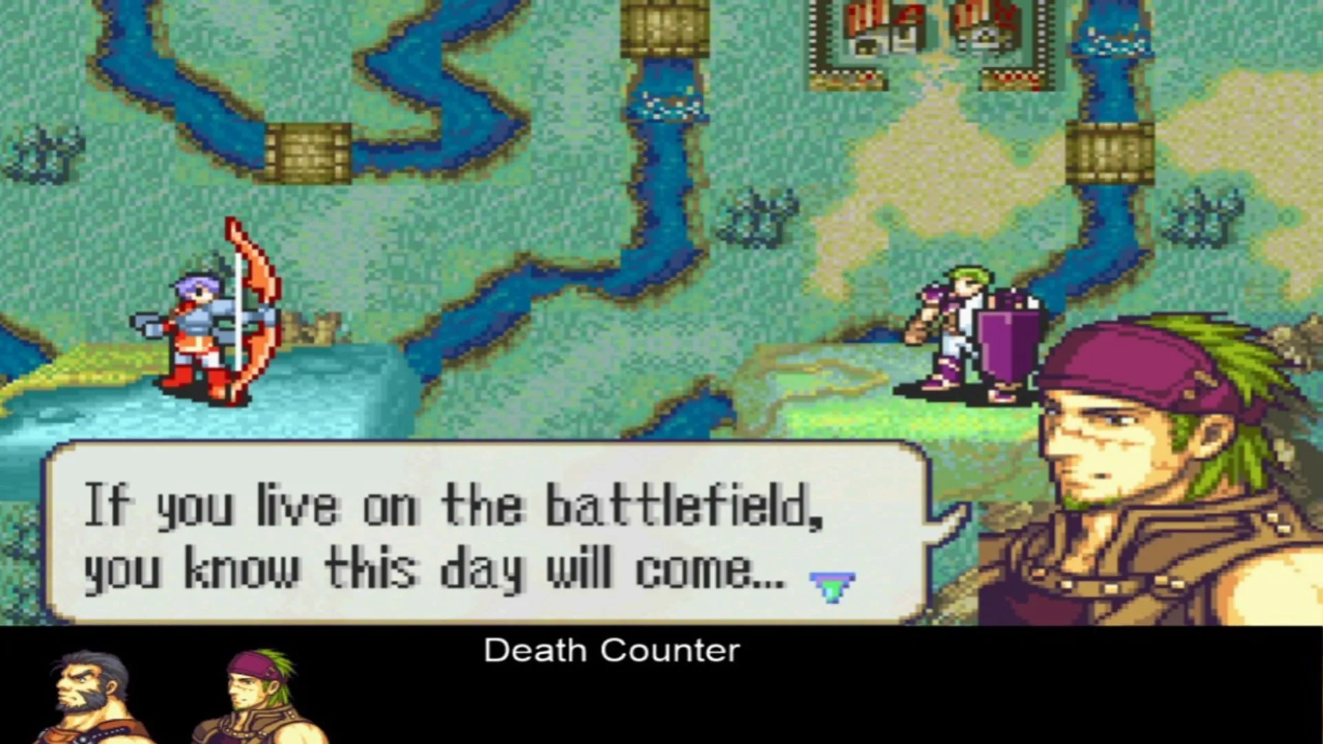 Nhân vật Gerik trong Fire Emblem: The Sacred Stones với lời thoại cuối cùng, minh họa cho quy tắc &quot;cái chết vĩnh viễn&quot; khi chơi Iron Man.