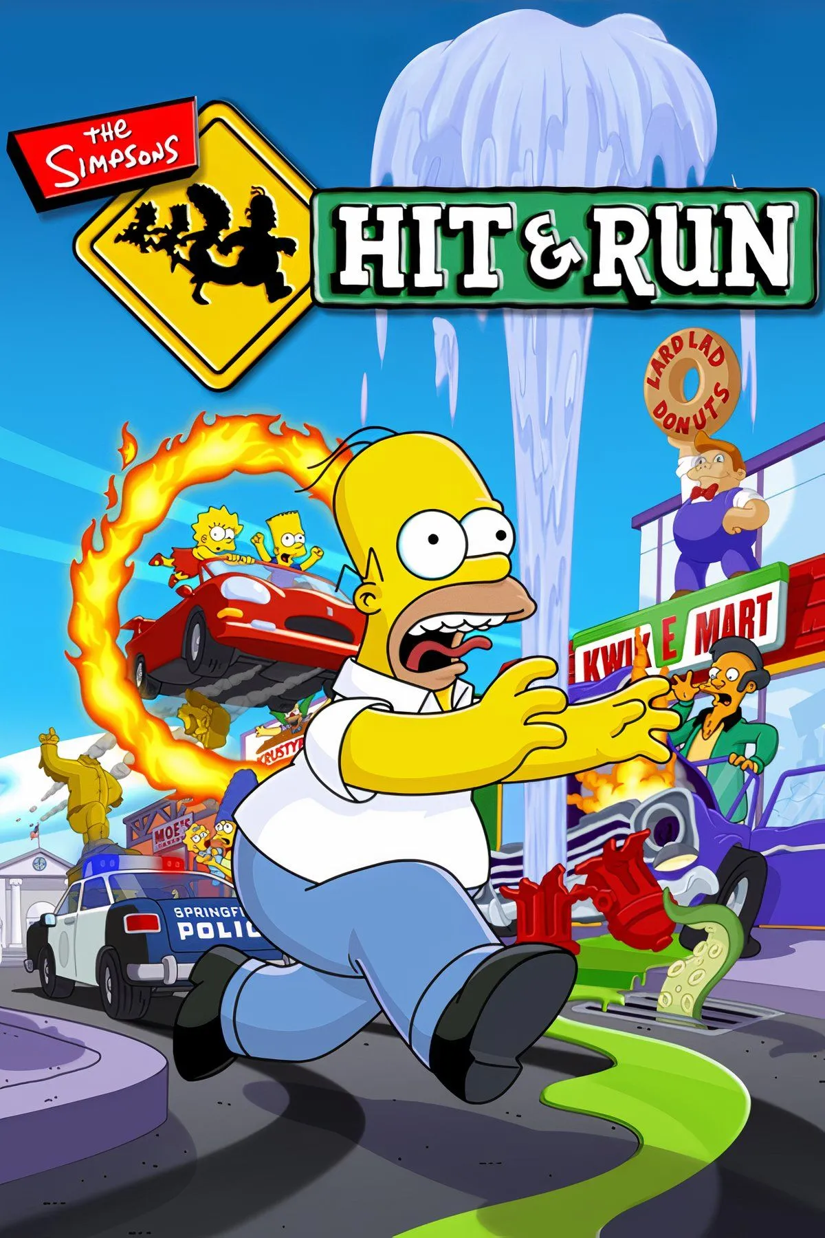 Nhân vật Homer Simpson trong game The Simpsons Hit &amp; Run đang lái chiếc xe màu hồng quen thuộc