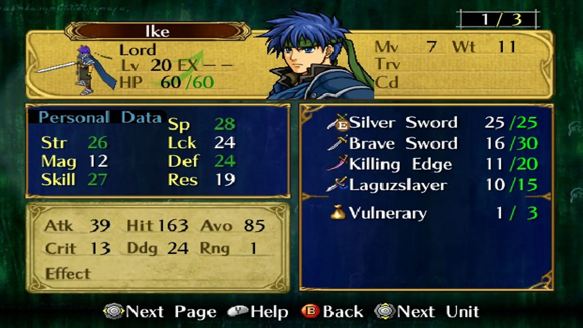 Nhân vật Ike trong Fire Emblem: Path of Radiance với các chỉ số được tối đa hóa, biểu tượng của sức mạnh vượt trội đạt được khi giải phóng khỏi nỗi sợ lãng phí vật phẩm.