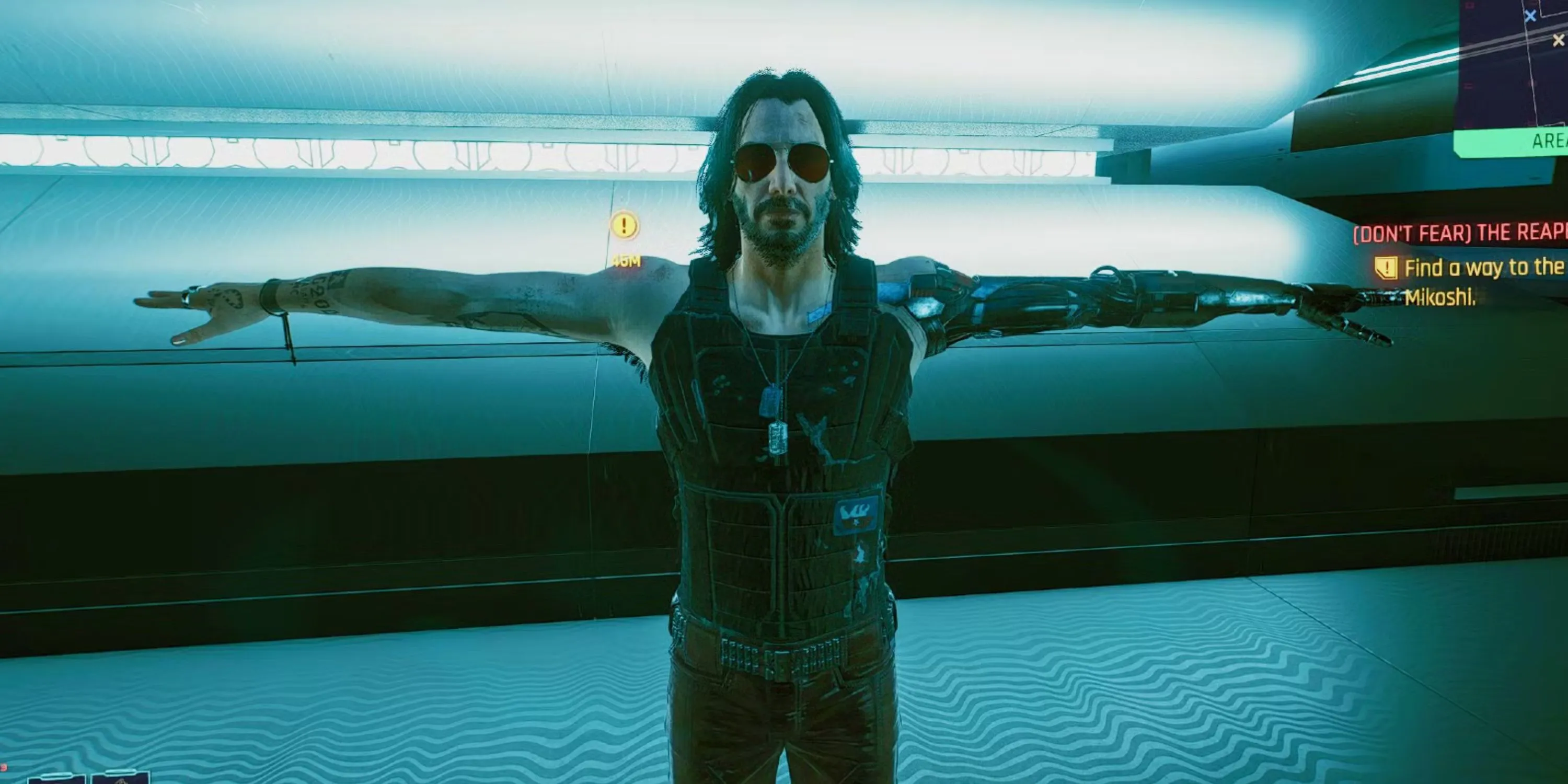 Nhân vật Johnny Silverhand đang tạo dáng &quot;T-pose&quot; trong Cyberpunk 2077, một lỗi đồ họa phổ biến