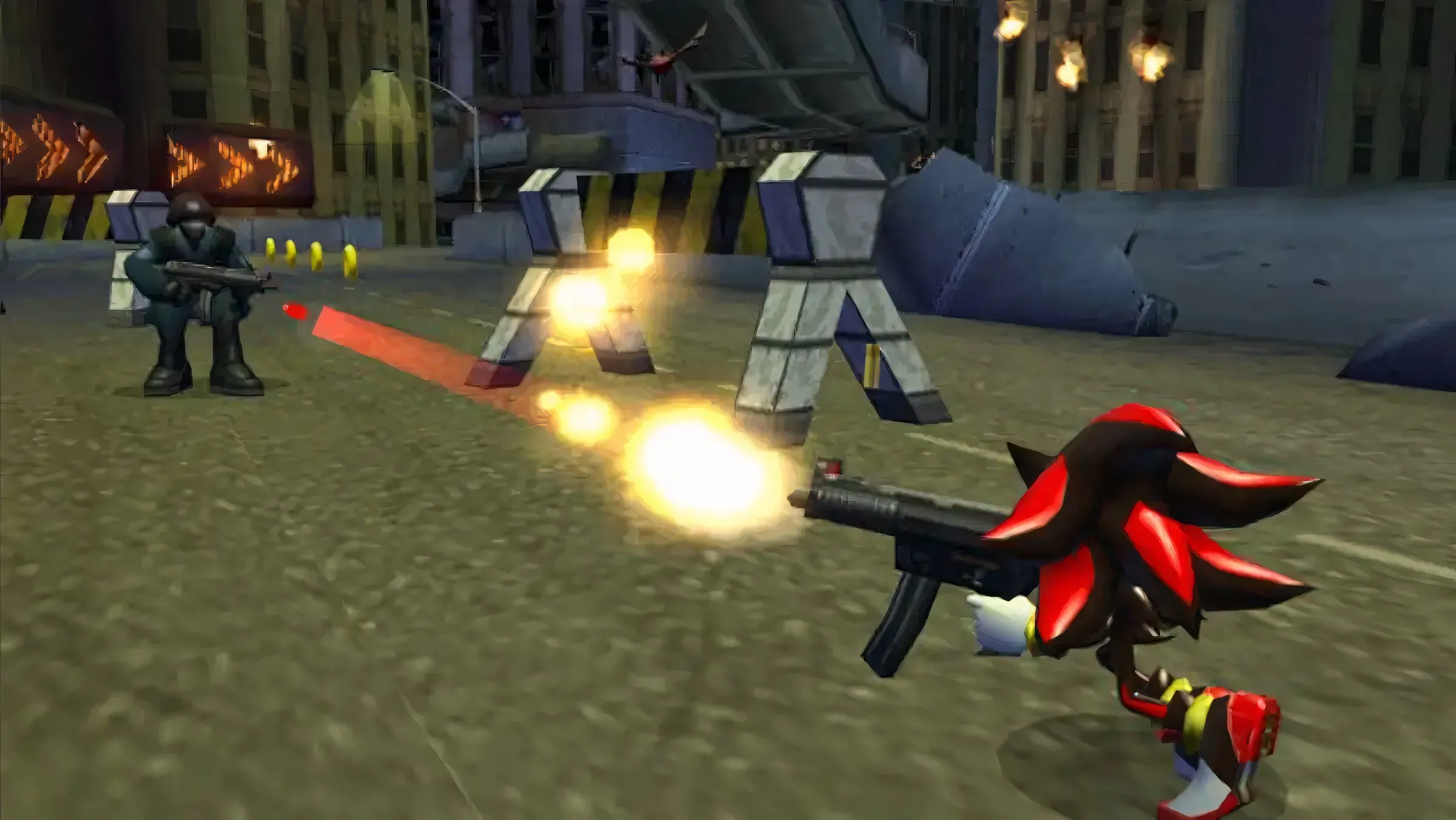 Nhân vật Shadow the Hedgehog đang khai hỏa về phía những người lính, tái hiện phong cách hành động và cốt truyện đen tối của tựa game cùng tên.