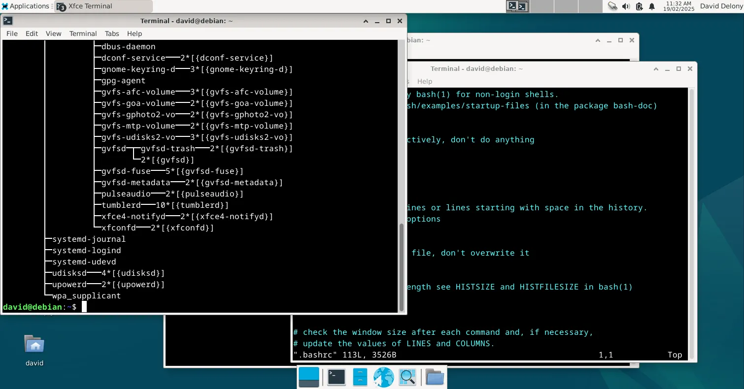 Nhiều cửa sổ terminal emulator chạy trên giao diện Debian XFCE, minh họa sự thay thế terminal vật lý bằng phần mềm