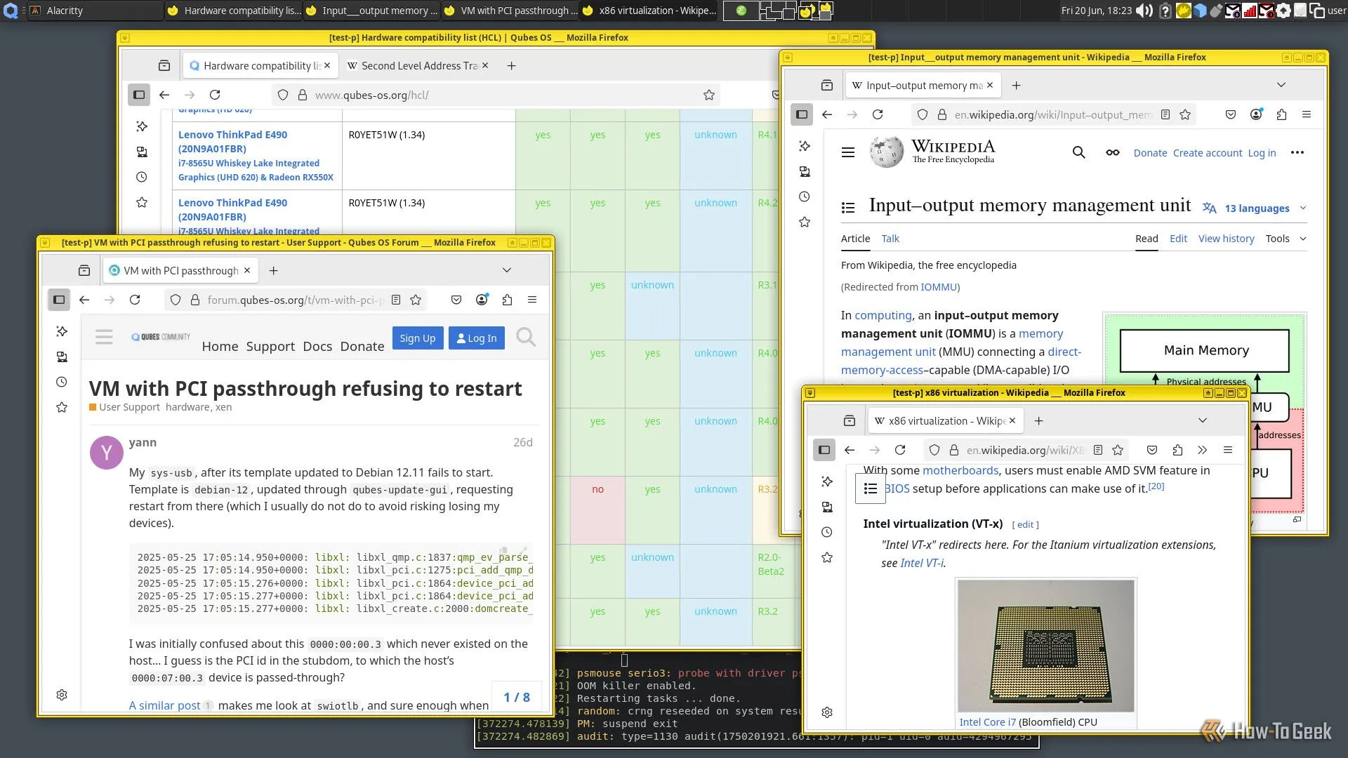 Nhiều cửa sổ trình duyệt mở trên desktop Qubes cho thấy quá trình nghiên cứu về phần cứng ảo hóa đang diễn ra sôi nổi.