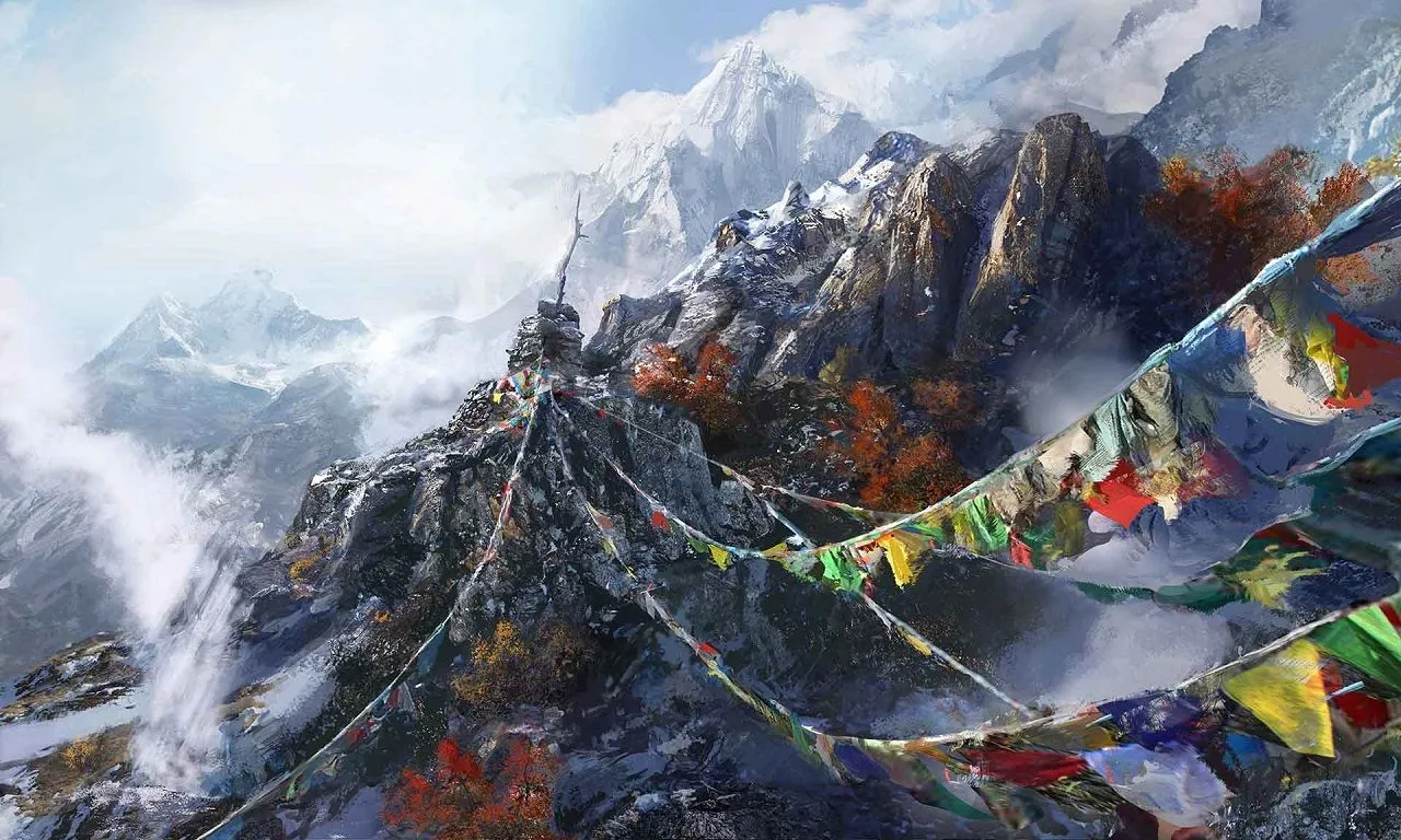 Những lá cờ cầu nguyện đầy màu sắc trên núi cao tại Kyrat trong game Far Cry 4, bối cảnh lấy cảm hứng từ Himalaya.
