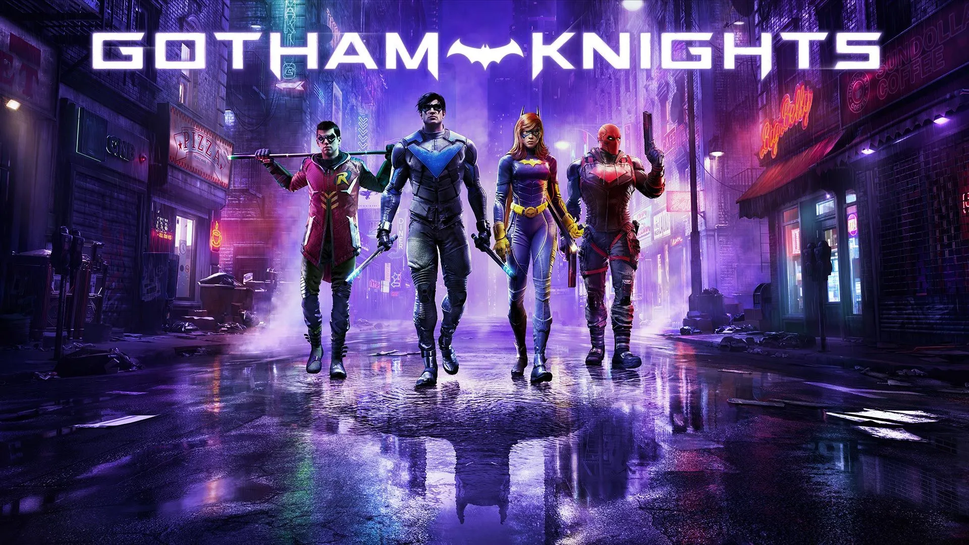 Nightwing, Robin, Batgirl và Red Hood từ Gotham Knights, tựa game chứa máy arcade Spy Hunter.